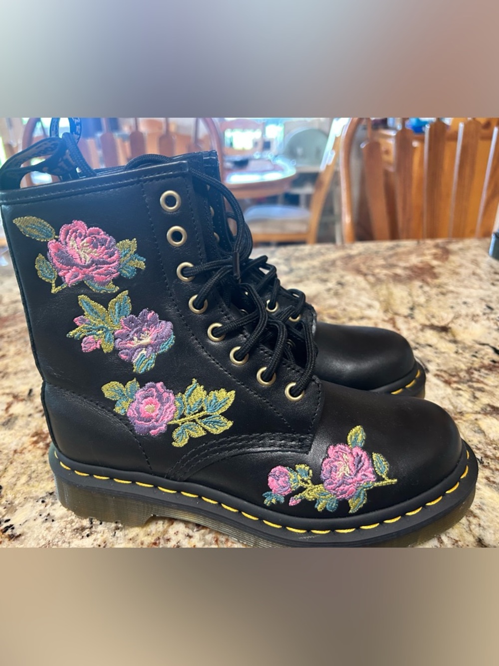 Dr. Martens Uncommon Black Leather Lace-Up Boots w/ Floral Embroidery Size 5